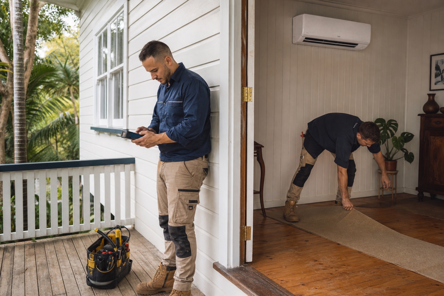 Technicians completing an air-conditioner service in a Queenslander
