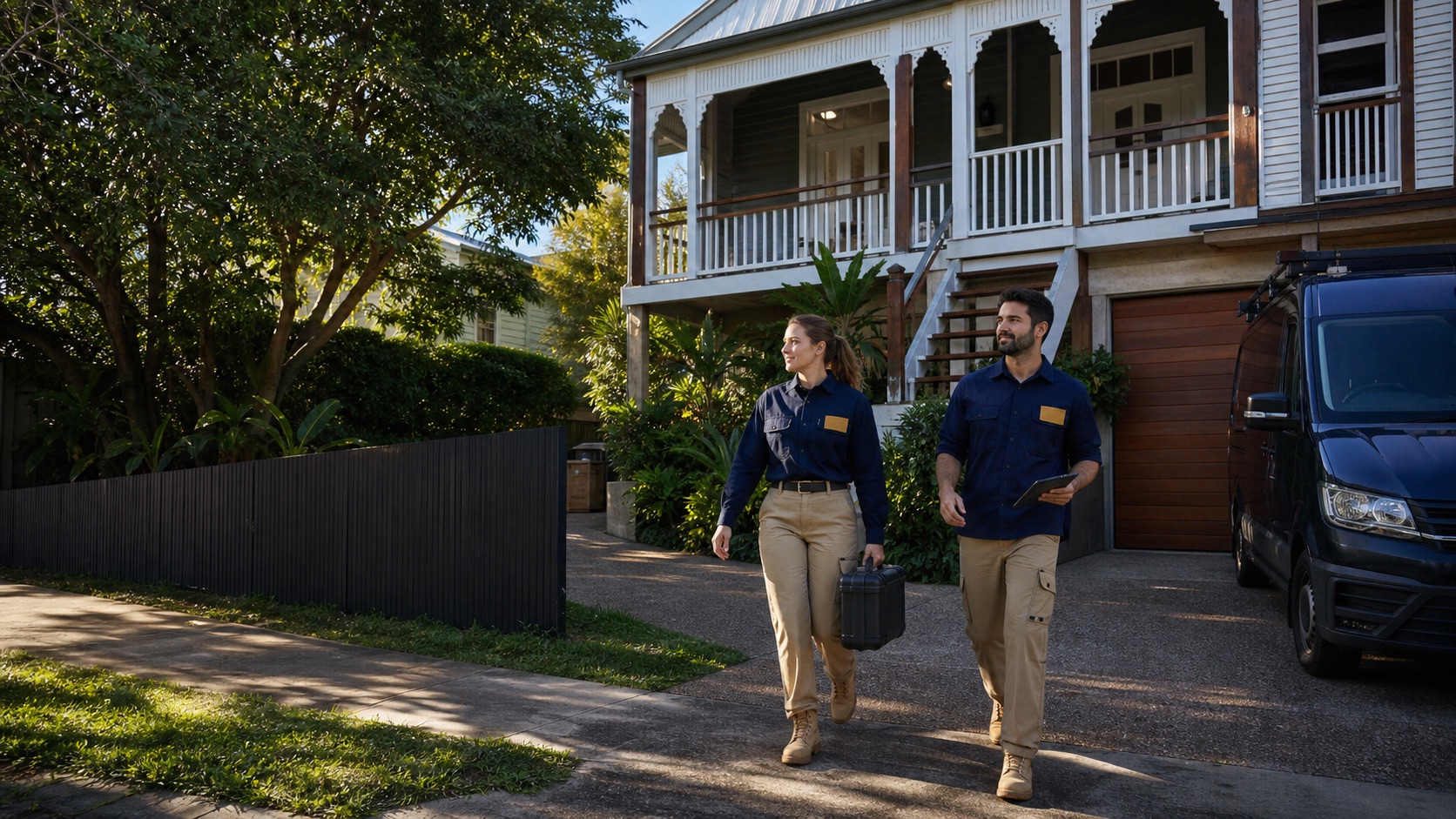 Two Goodground technicians arriving at a Brisbane Queenslander